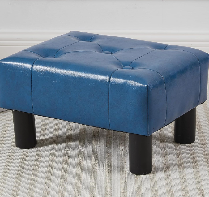 Blue Faux Leather Rectangular Ottoman, Suitable For Living Room And Entryway